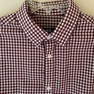 H&M Burgundy Maroon White Gingham Check Plaid Button Down Dress Shirt Men S